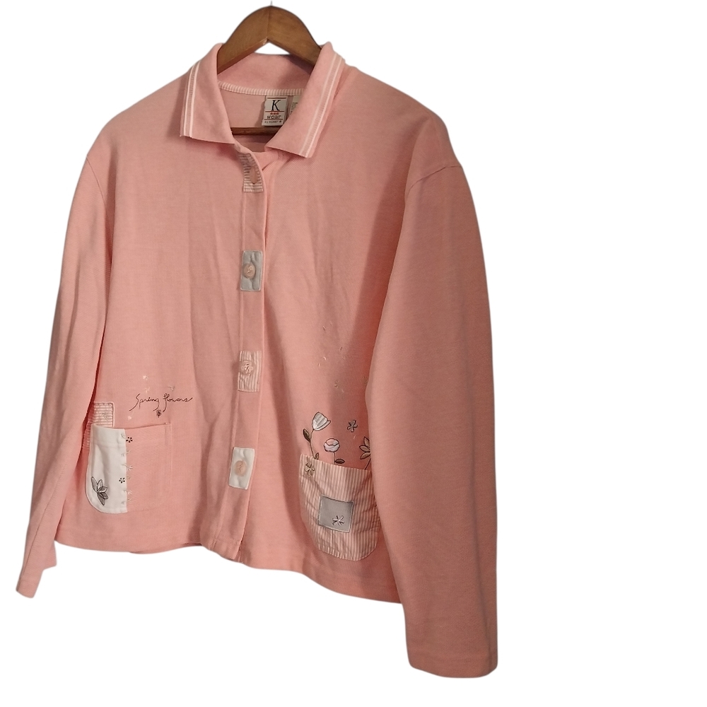 Vintage Koret Size Large Pink Spring Flowers Embroidered Cottagecore Cardigan - Picture 3 of 13